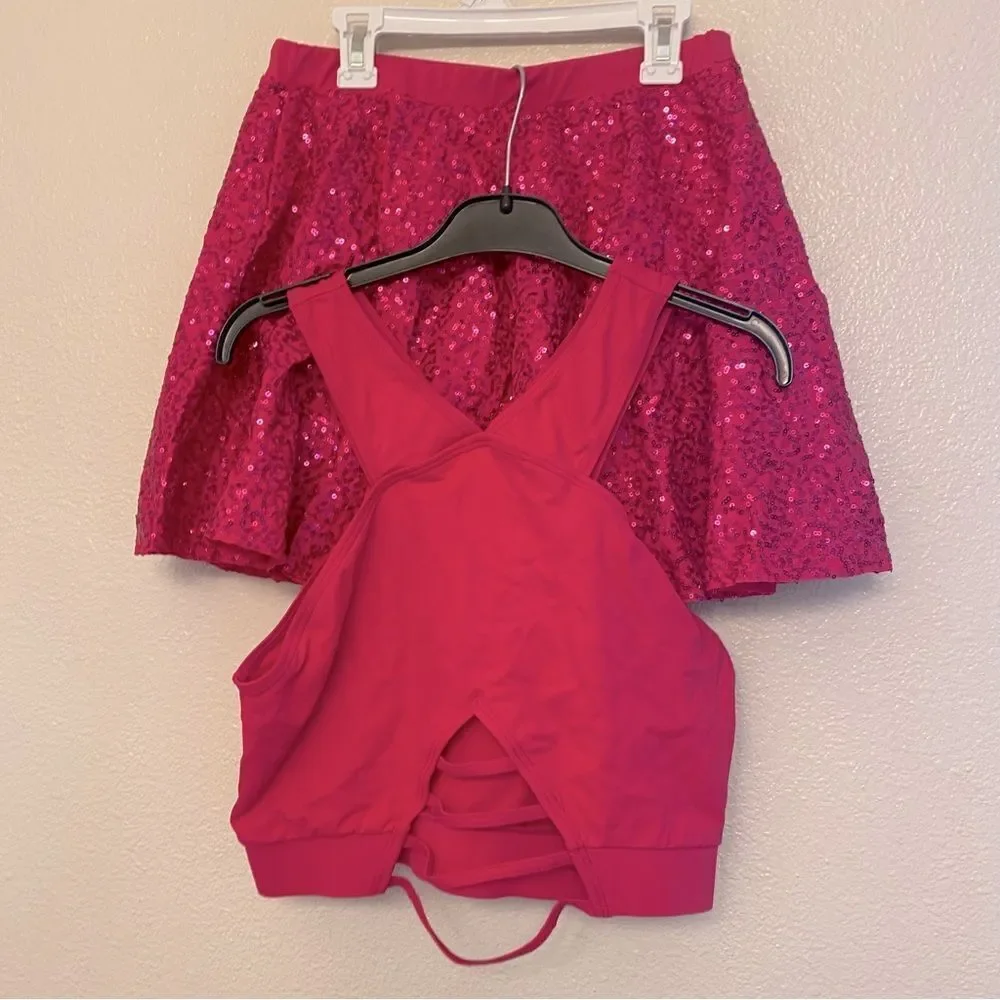 Weissman dance costume 3 piece hot pink Barbie fringe pant skirt top MT10485 LA